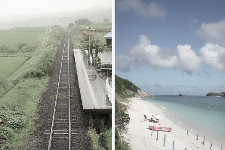 Railway in Aso and a beach in Okinawa.