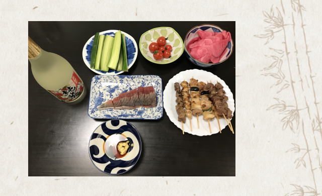 Fatty bonito sashimi and yakitori.