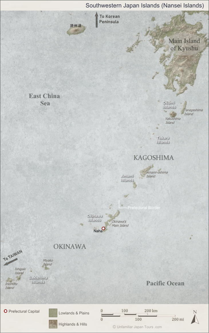 Map of Okinawa and other southwestern islands of Japan.