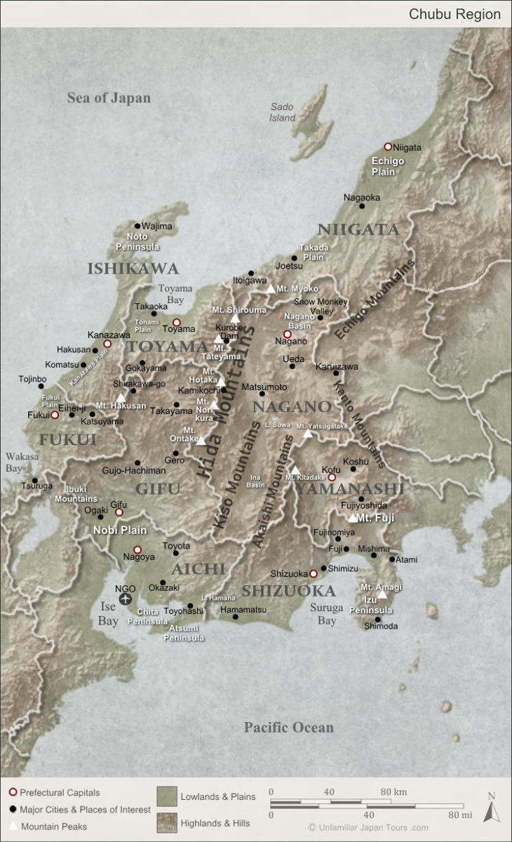 Map of the Chubu Region, Japan.