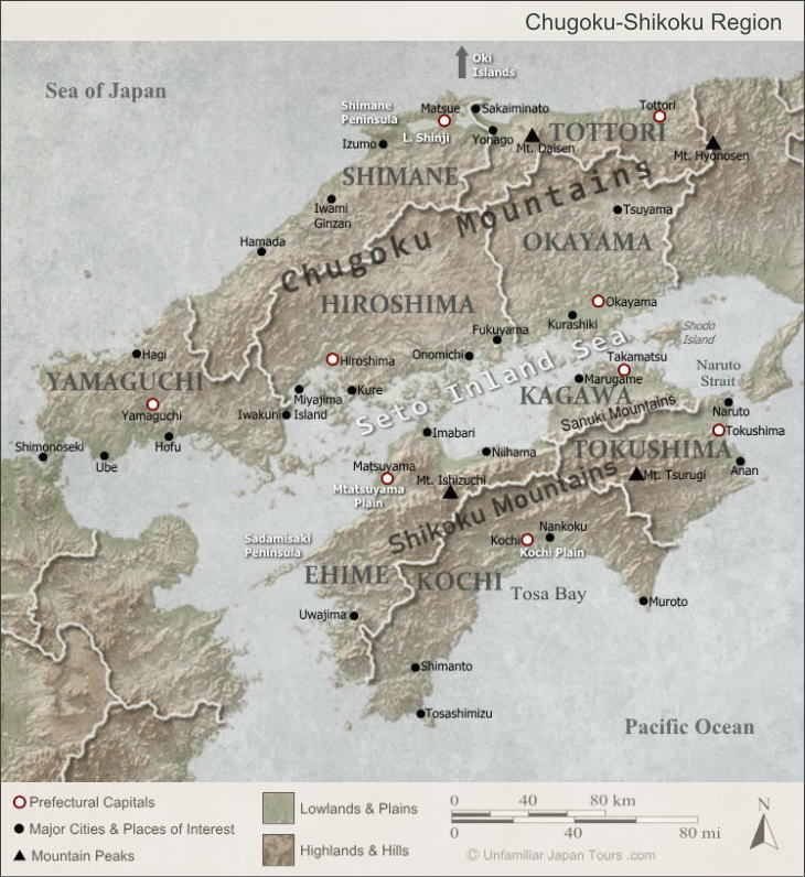 Map of the Chugoku-Shikoku Region, Japan.