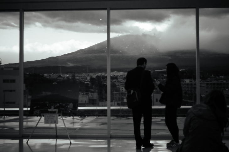 Mount Fuji under the rainy weather, as seem from the World Heritage Centre, Shizuoka.