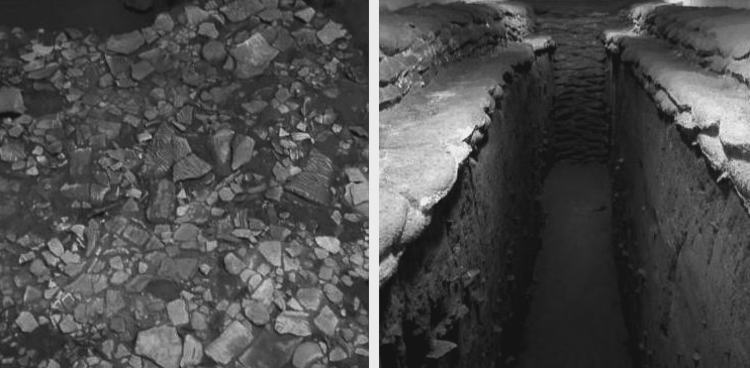 Left: Fragments of pottery discovered at the Northern Valley.  Right: Morido (earth mound). 