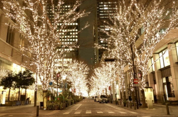 Marunouchi Nakadori is lit up with LED lights on winter nights. (夜の丸ノ内仲通り）
