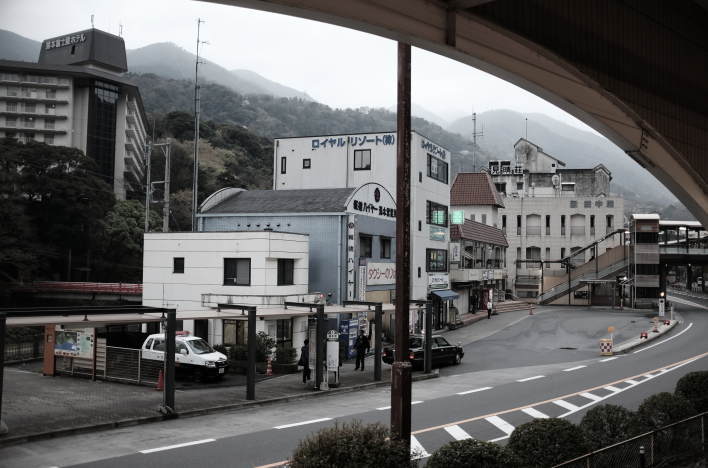 View of Hakone-Yumoto town from the window of a Hakone Tozan Railway passenger train