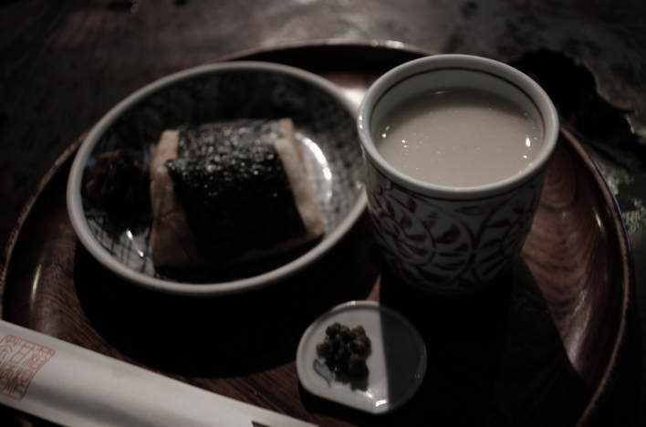 Traditional style mochi (left) and amazake (right) served at Amazake Chaya in Hakone.