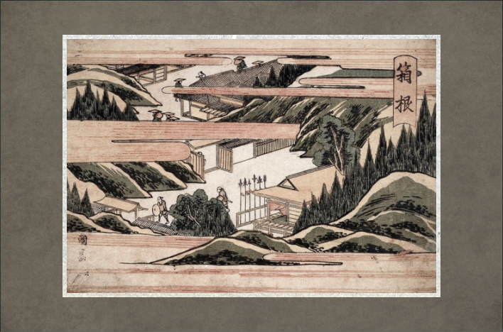 This work by Utagawa Kuninaga, a ukiyo-e artist from the early 19th century, depicts the Hakone checkpoint during the Edo period.