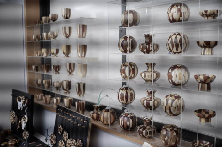 Inside Kanazashi Woodcraft, where solid wood products are on display.